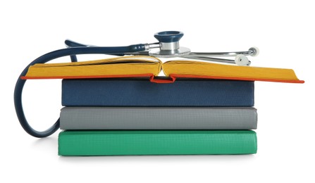 Photo of Stethoscope on stack of books against white background