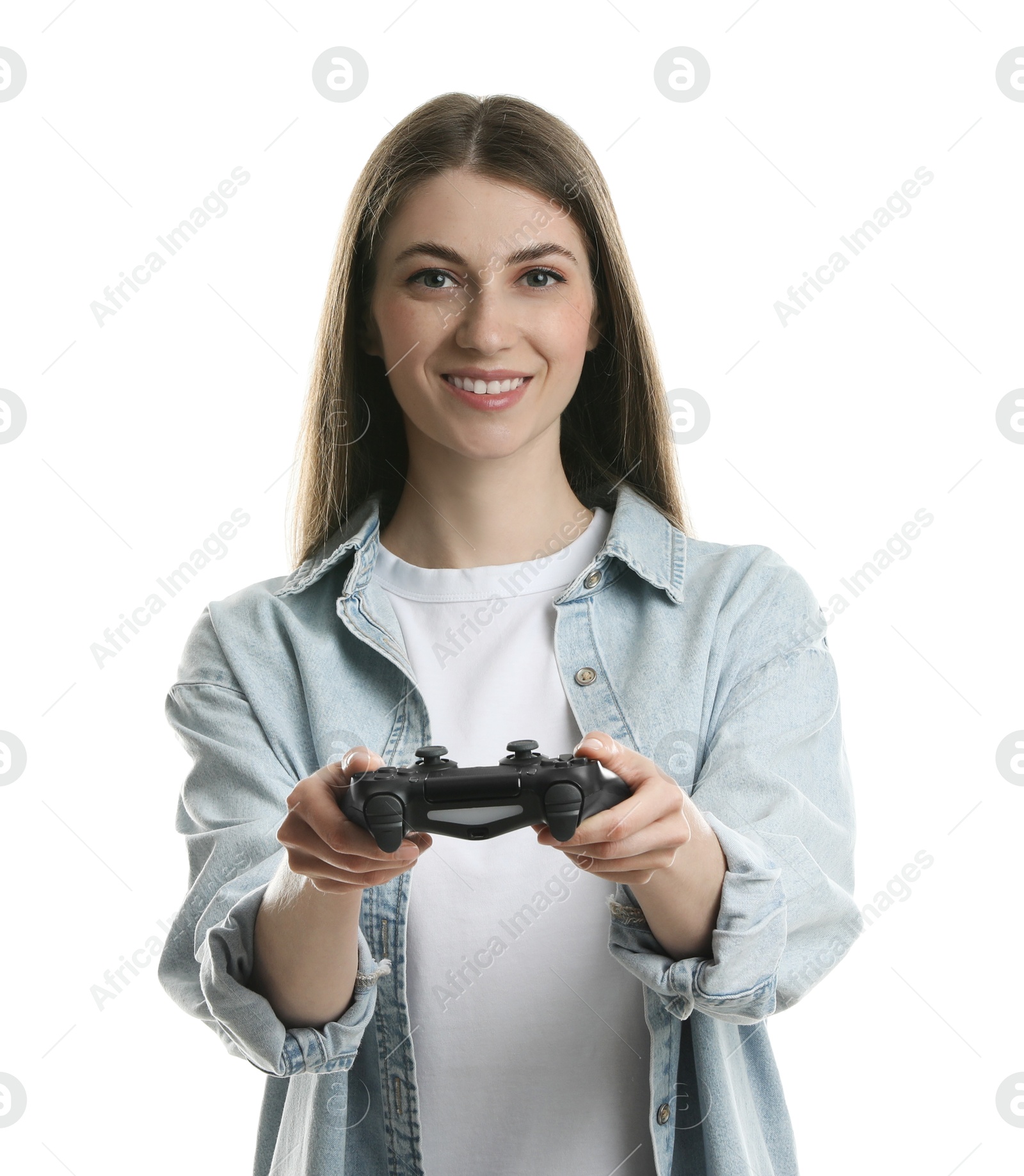 Photo of Happy woman playing video games with controller on white background