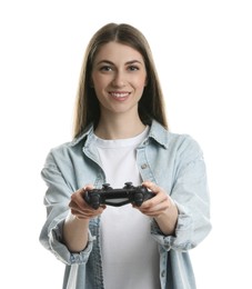 Photo of Happy woman playing video games with controller on white background