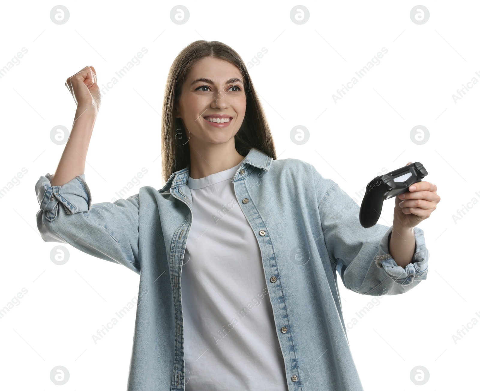 Photo of Happy woman playing video games with controller on white background