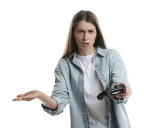 Photo of Surprised woman with controller on white background