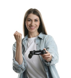 Photo of Happy woman with controller on white background