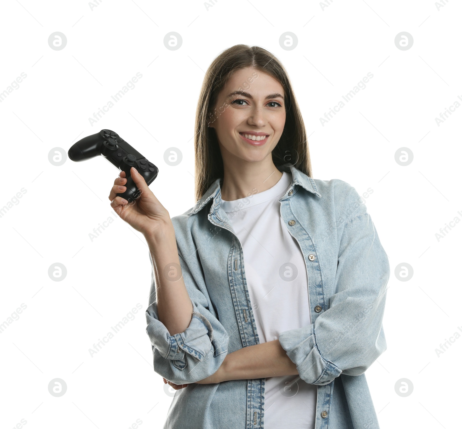 Photo of Happy woman with controller on white background