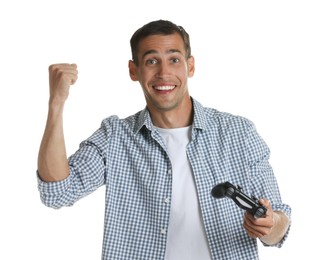 Photo of Happy man with controller on white background