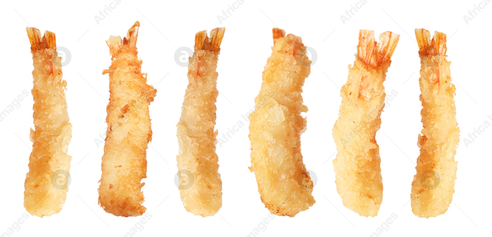 Image of Tasty batter-fried shrimps isolated on white, set