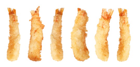 Image of Tasty batter-fried shrimps isolated on white, set