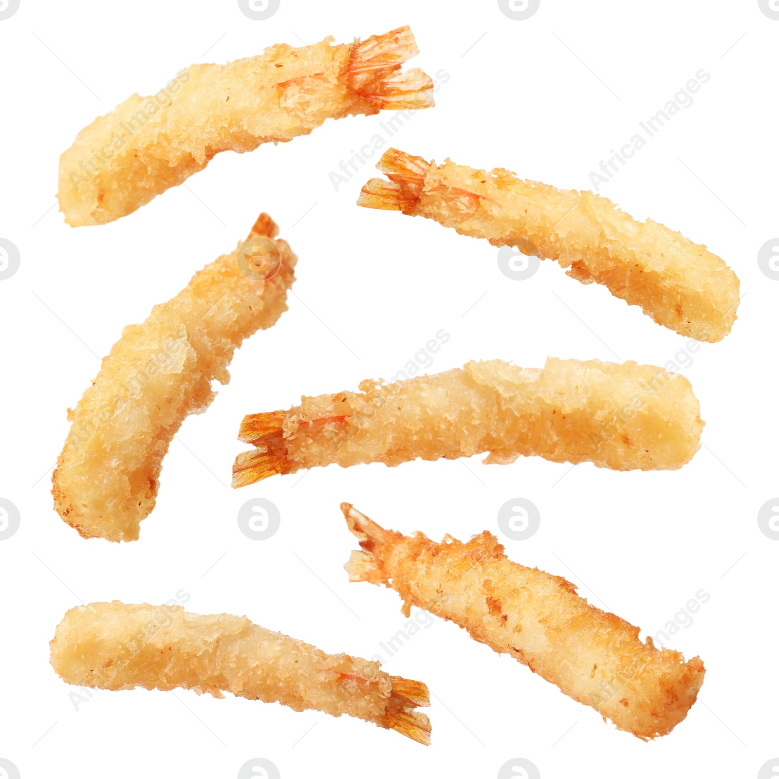 Image of Tasty batter-fried shrimps isolated on white, set