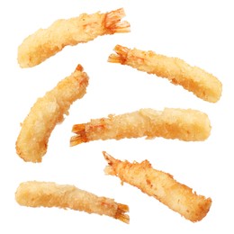 Image of Tasty batter-fried shrimps isolated on white, set