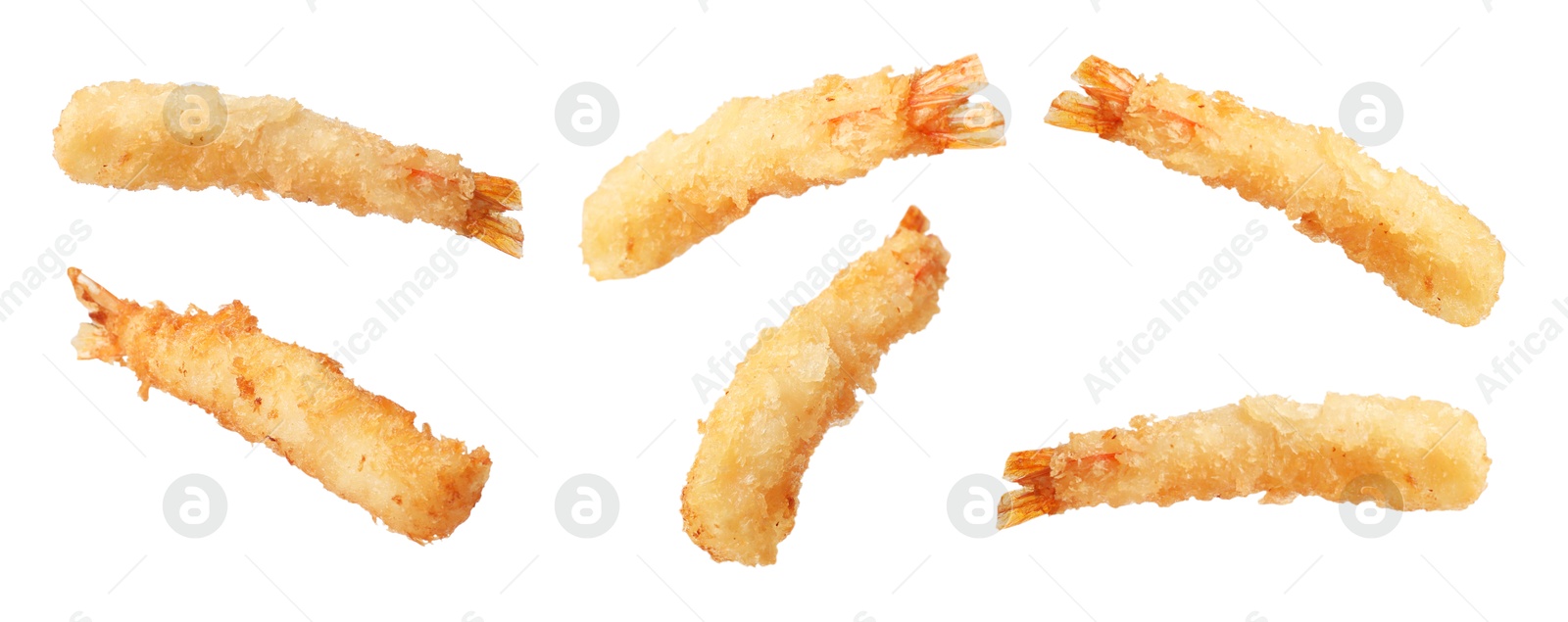 Image of Tasty batter-fried shrimps isolated on white, set