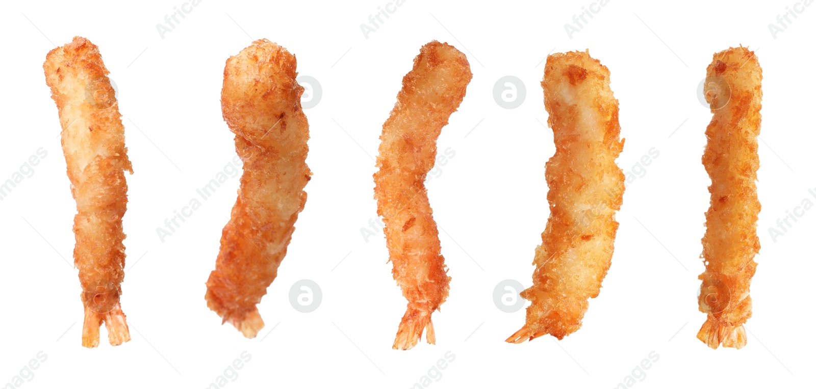 Image of Tasty batter-fried shrimps isolated on white, set