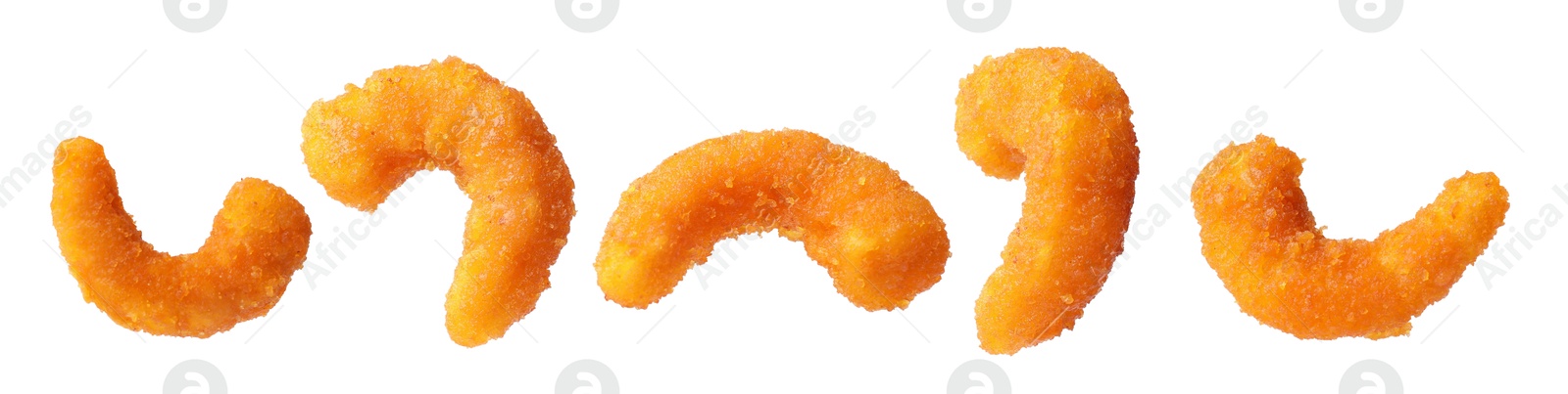 Image of Tasty batter-fried shrimps isolated on white, set