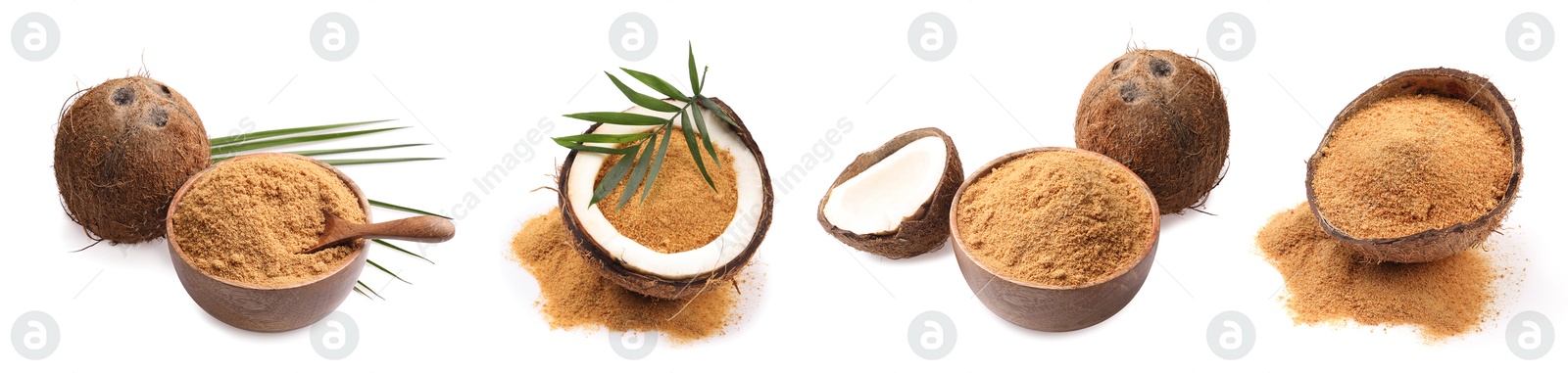 Image of Coconut fruits and brown sugar isolated on white, set