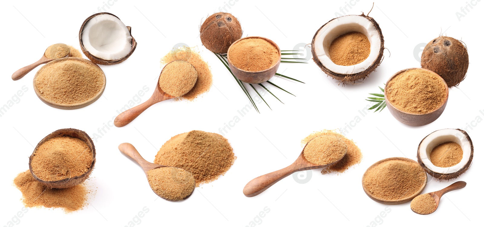 Image of Coconut fruits and brown sugar isolated on white, set