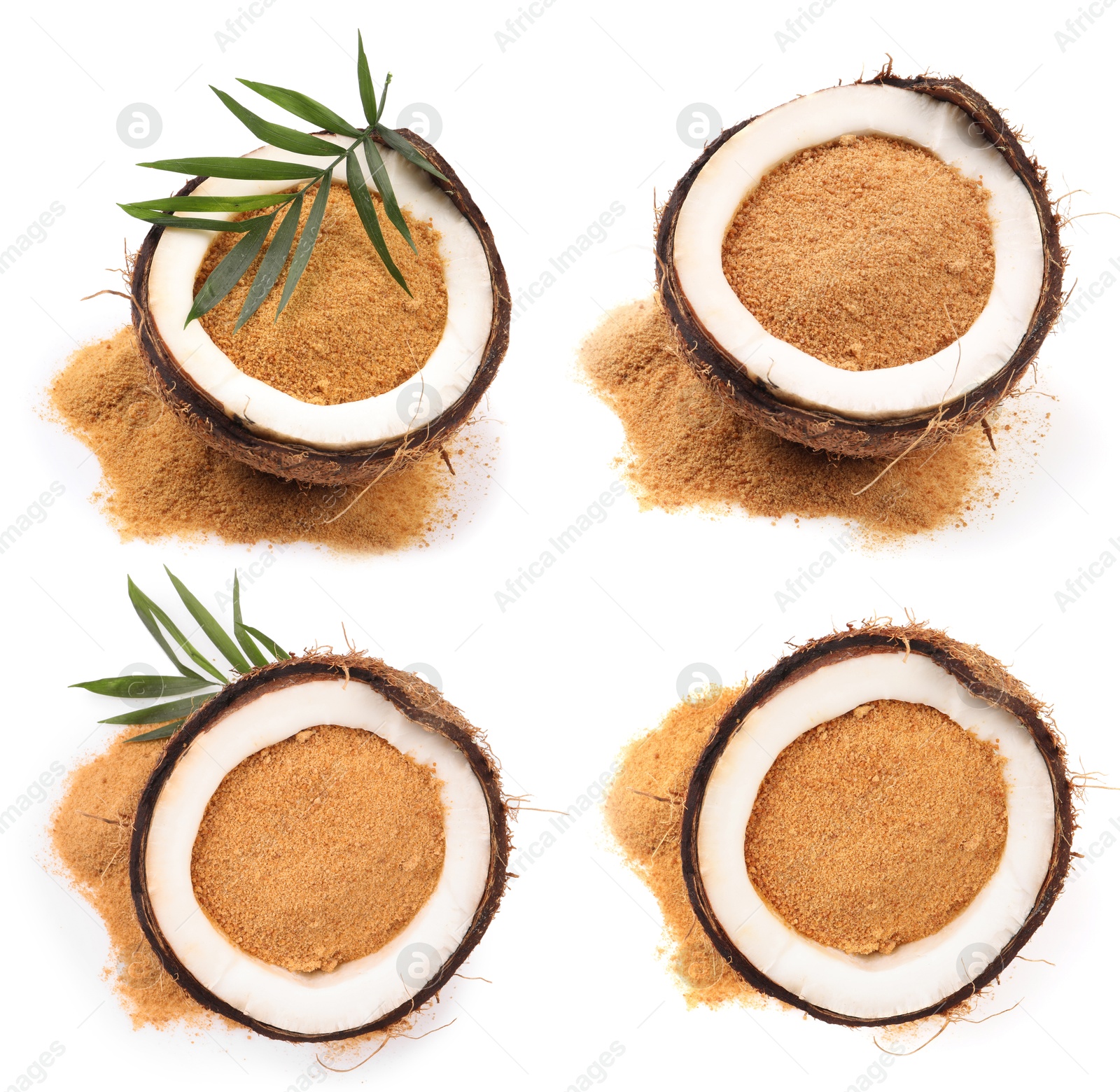 Image of Coconut fruits and brown sugar isolated on white, set