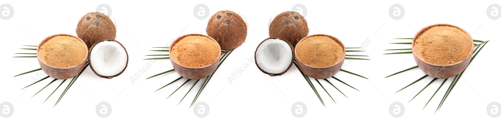 Image of Coconut fruits and brown sugar isolated on white, set