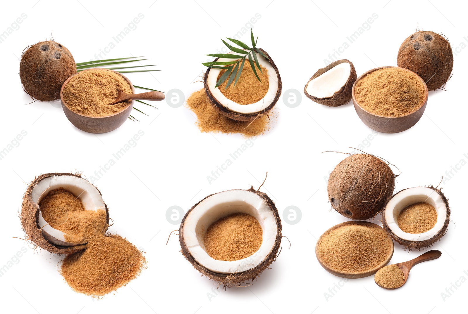 Image of Coconut fruits and brown sugar isolated on white, set