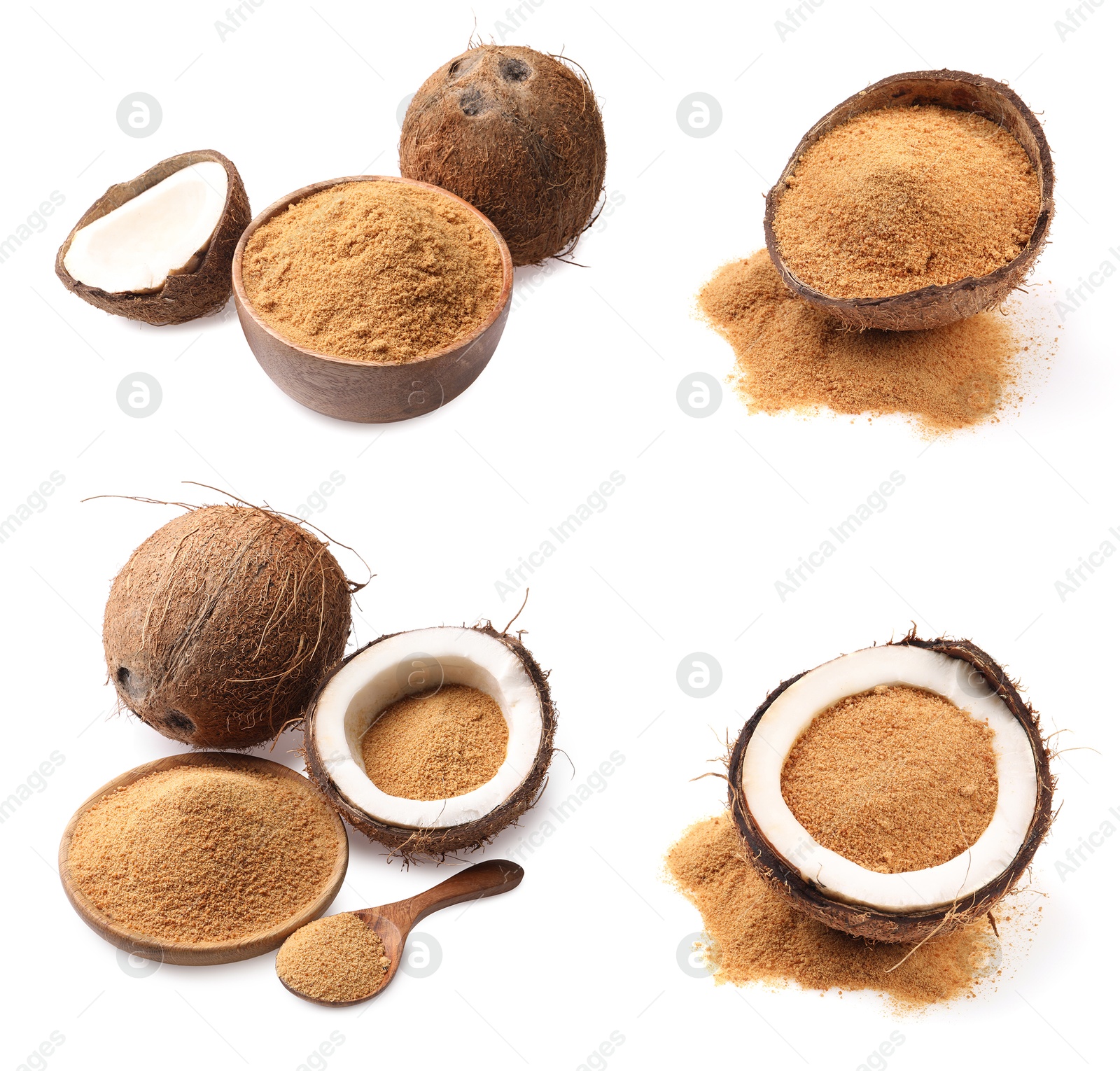 Image of Coconut fruits and brown sugar isolated on white, set