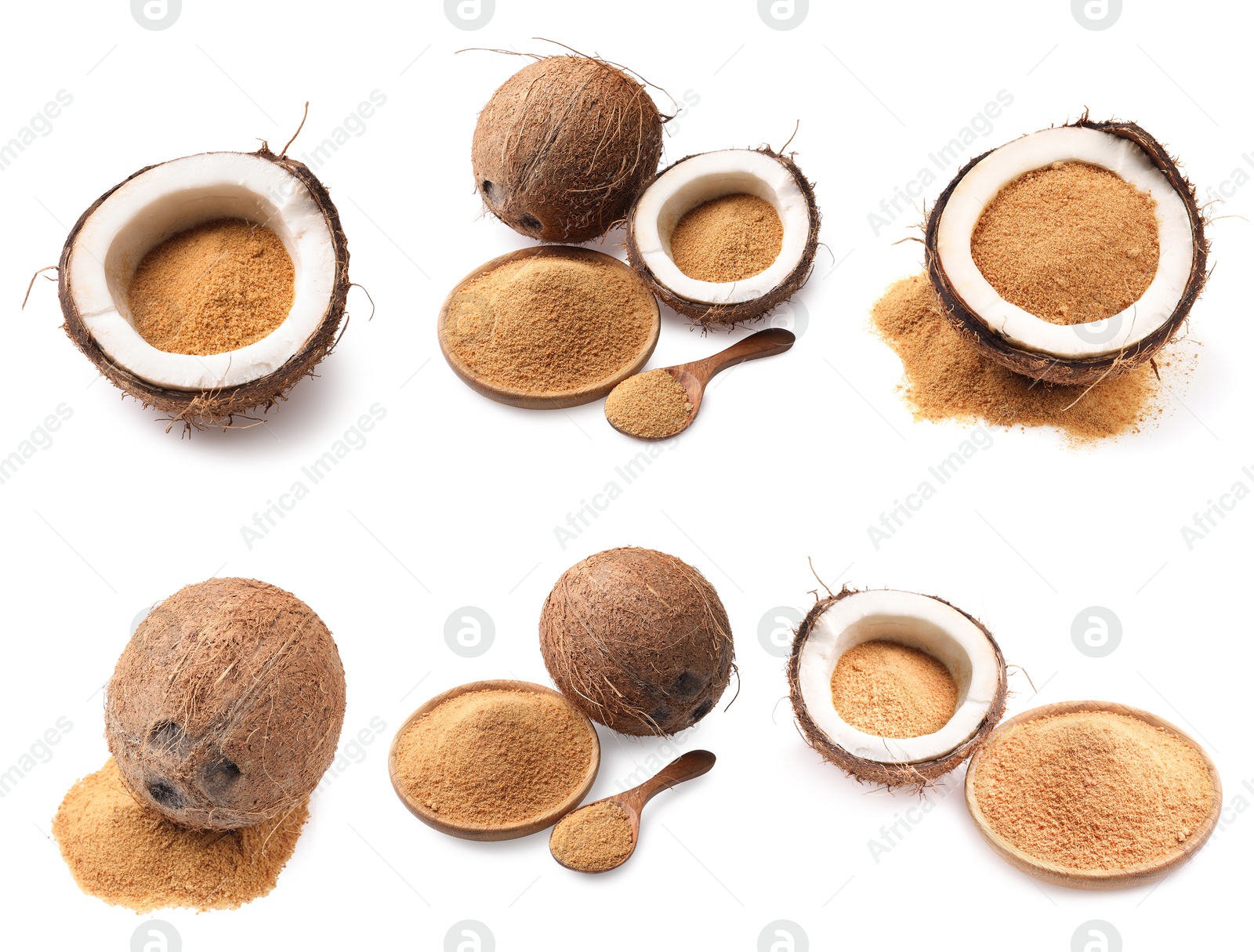 Image of Coconut fruits and brown sugar isolated on white, set