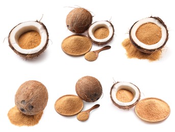 Coconut fruits and brown sugar isolated on white, set