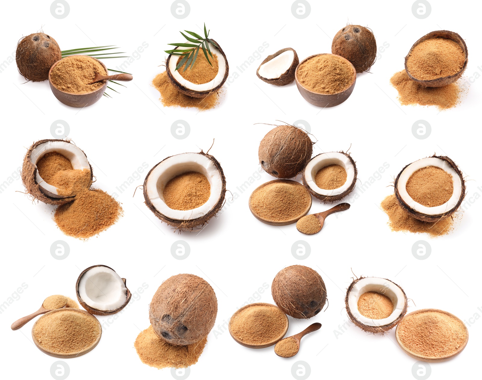 Image of Coconut fruits and brown sugar isolated on white, set