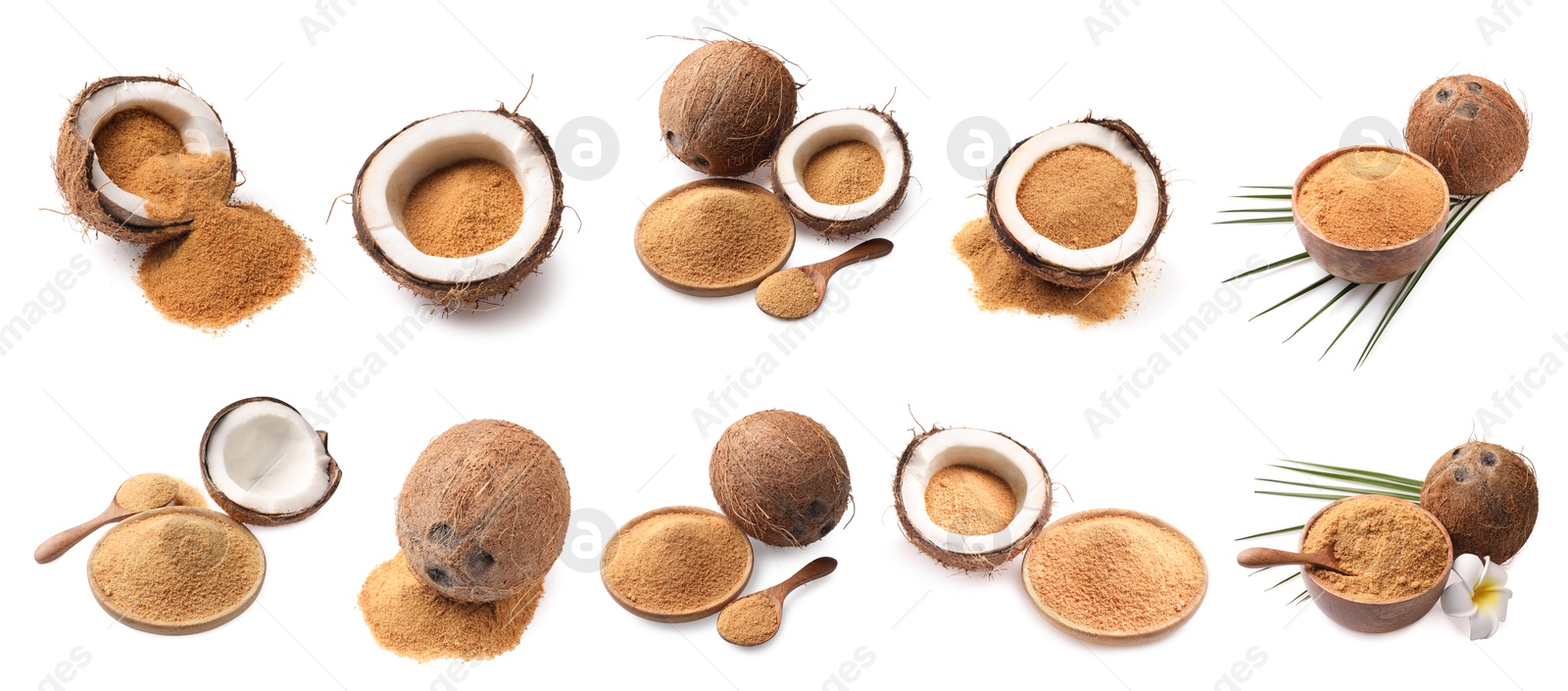 Image of Coconut fruits and brown sugar isolated on white, set