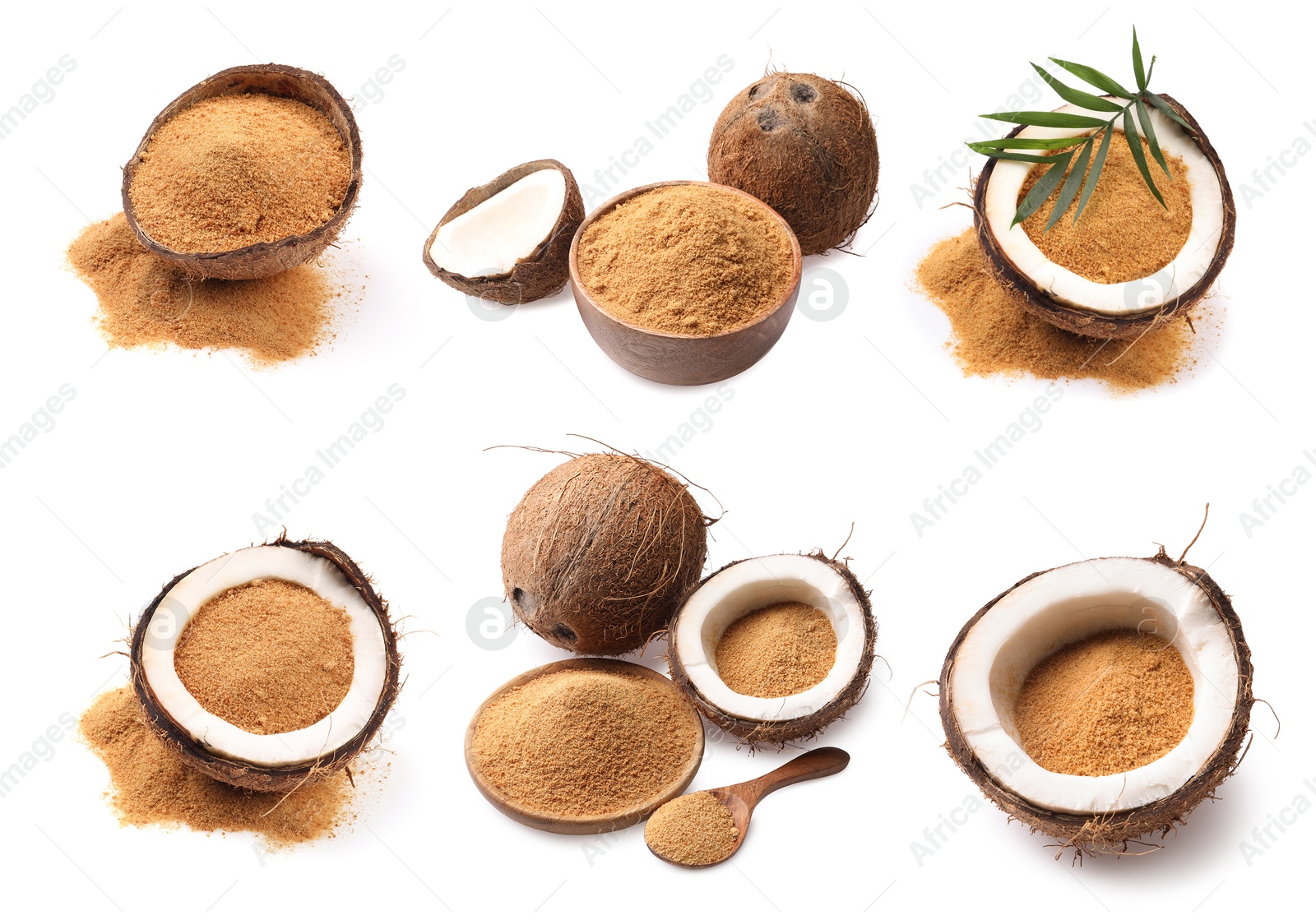 Image of Coconut fruits and brown sugar isolated on white, set