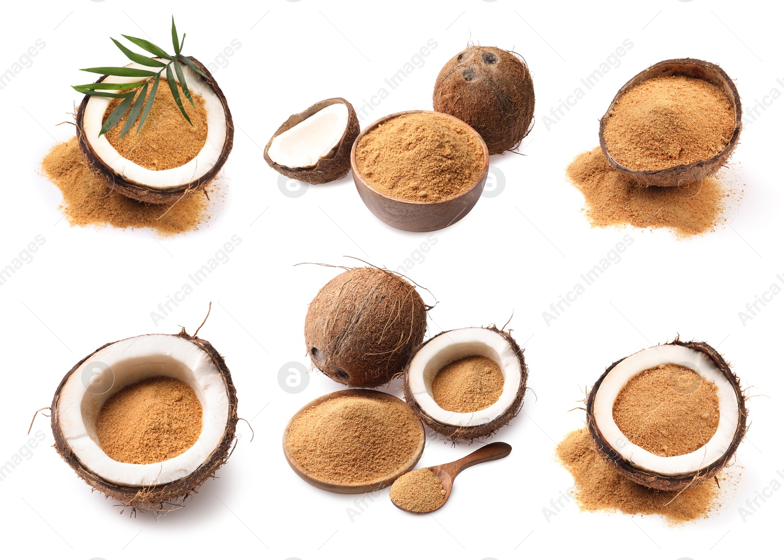 Image of Coconut fruits and brown sugar isolated on white, set