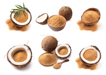 Coconut fruits and brown sugar isolated on white, set