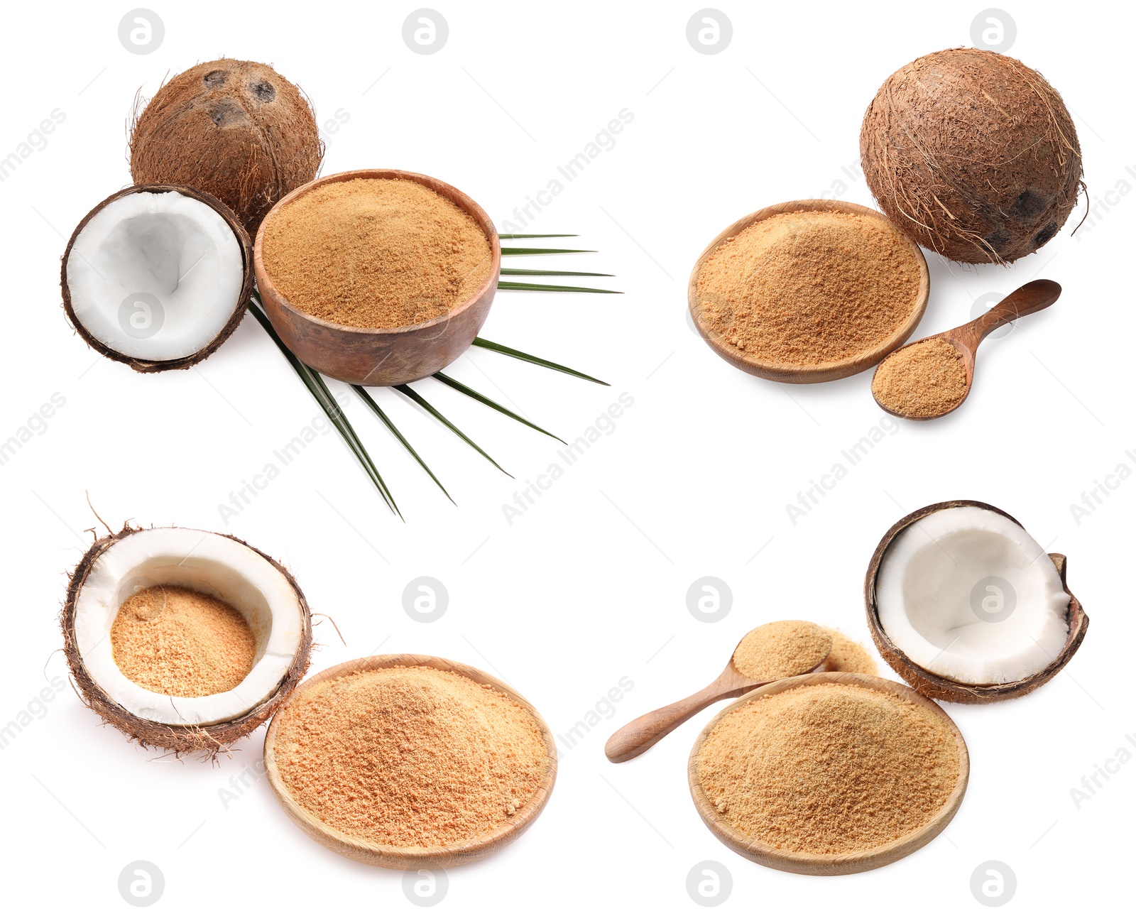 Image of Coconut fruits and brown sugar isolated on white, set