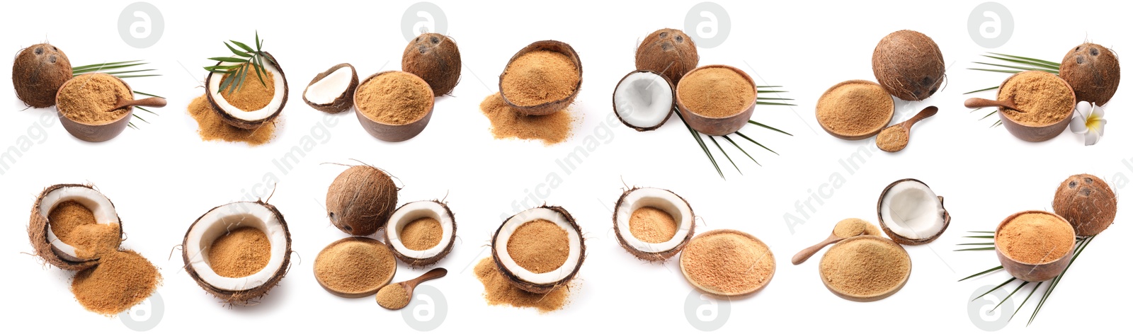 Image of Coconut fruits and brown sugar isolated on white, set