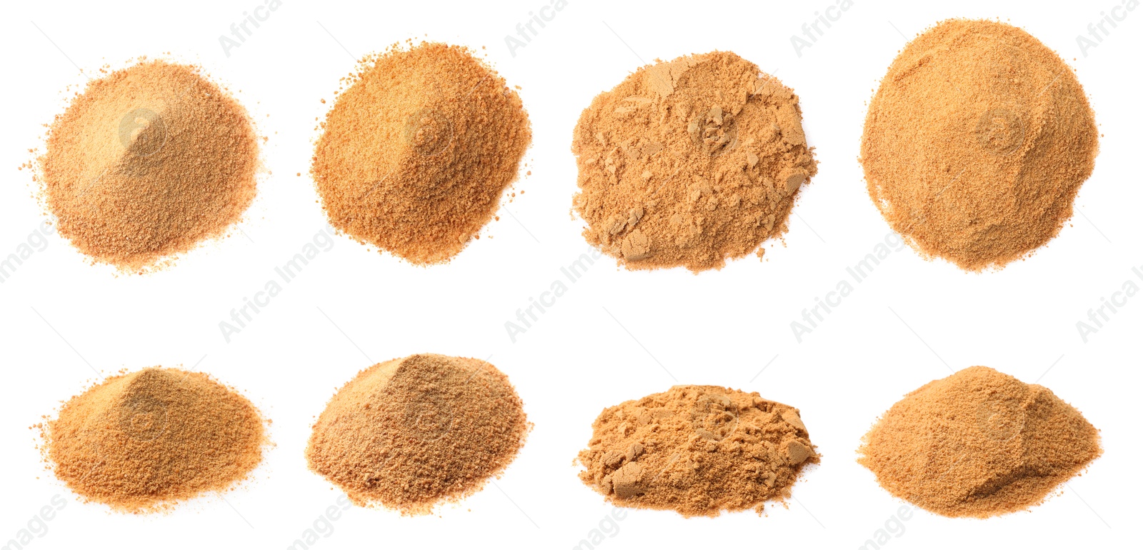 Image of Heaps of coconut sugar isolated on white, set