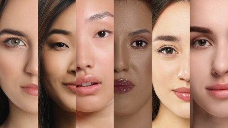 Image of Many beautiful women of different races, banner design. Collage of closeup portraits