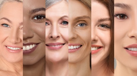 Many beautiful women of different races and ages, banner design. Collage of closeup portraits