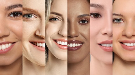 Many beautiful women of different races, banner design. Collage of closeup portraits