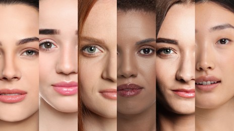 Many beautiful women of different races, banner design. Collage of closeup portraits
