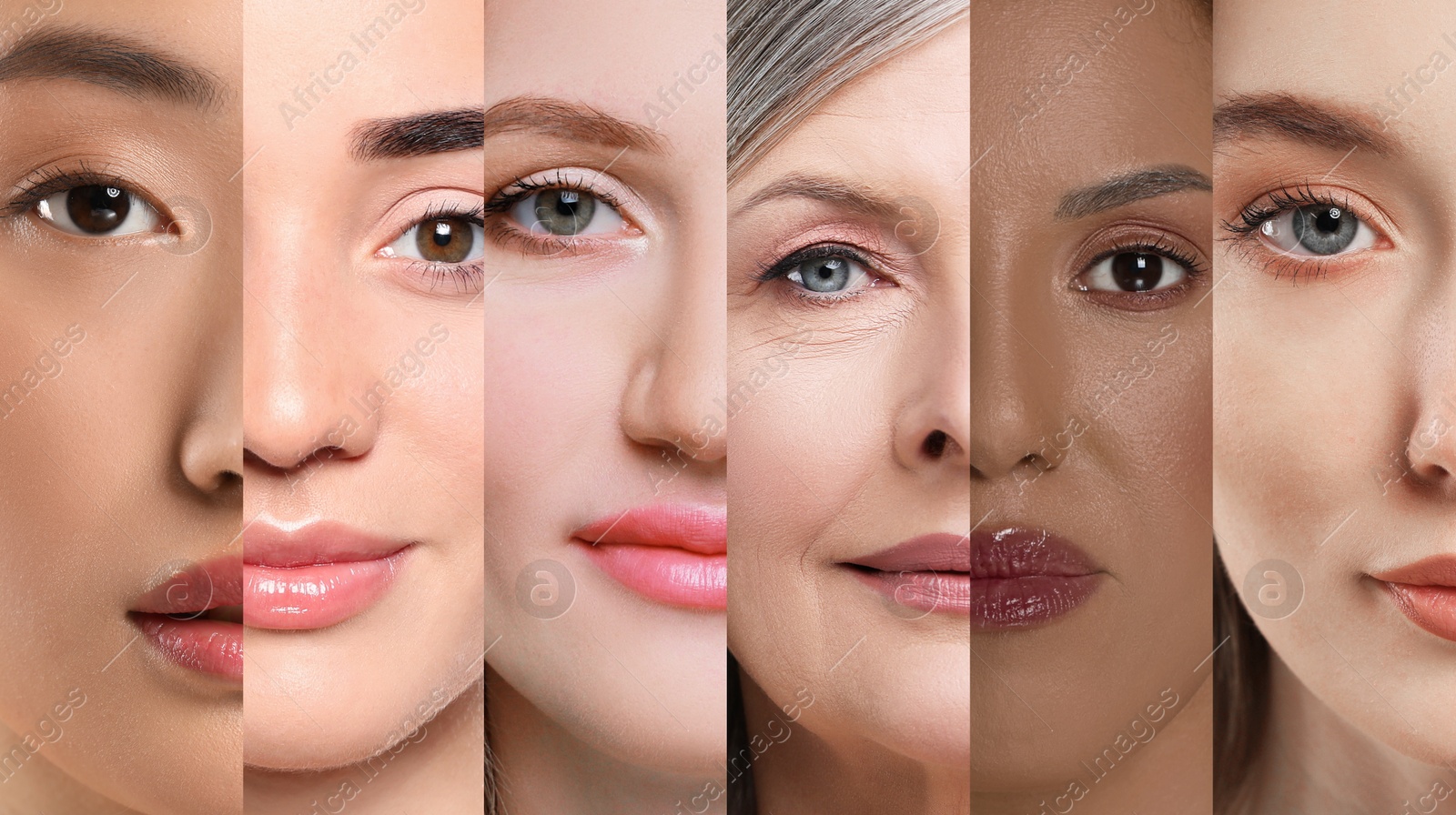 Image of Many beautiful women of different races and ages, banner design. Collage of closeup portraits