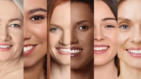 Many beautiful women of different races and ages, banner design. Collage of closeup portraits