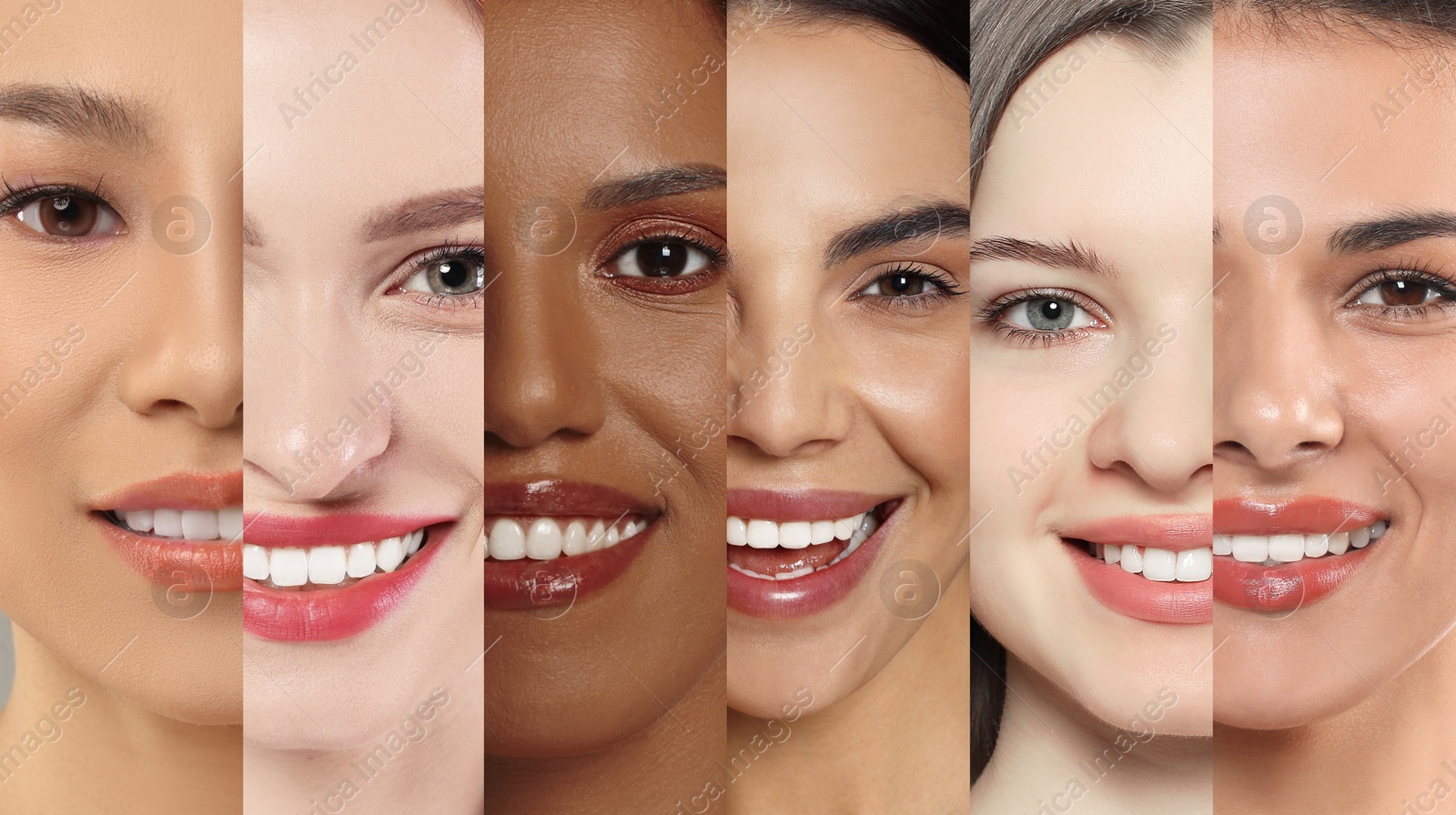 Image of Many beautiful women of different races, banner design. Collage of closeup portraits