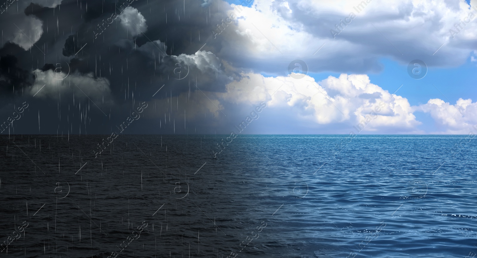 Image of Blue sky with coming thundercloud over sea. Weather changes