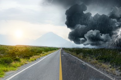 Image of Collage with landscape on cloudy day on one side and during downpour on other. Weather changes