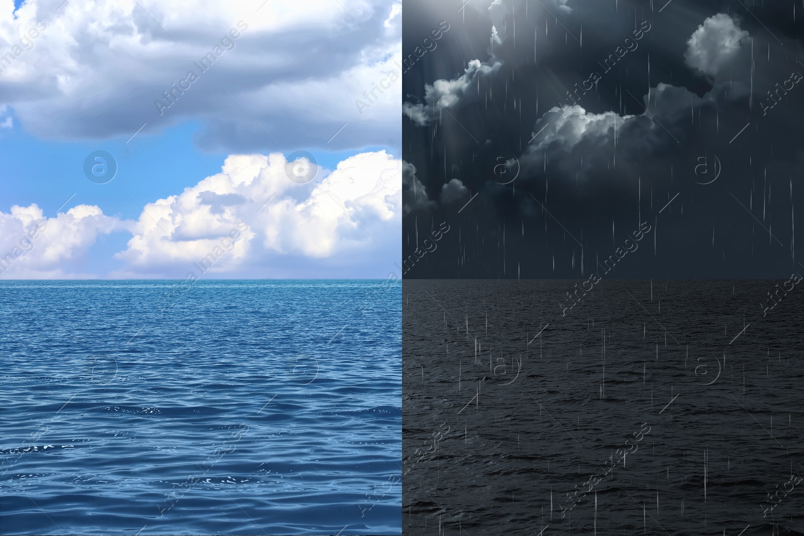 Image of Sea under sky with clouds on one side and during pouring rain on other, collage. Weather changes