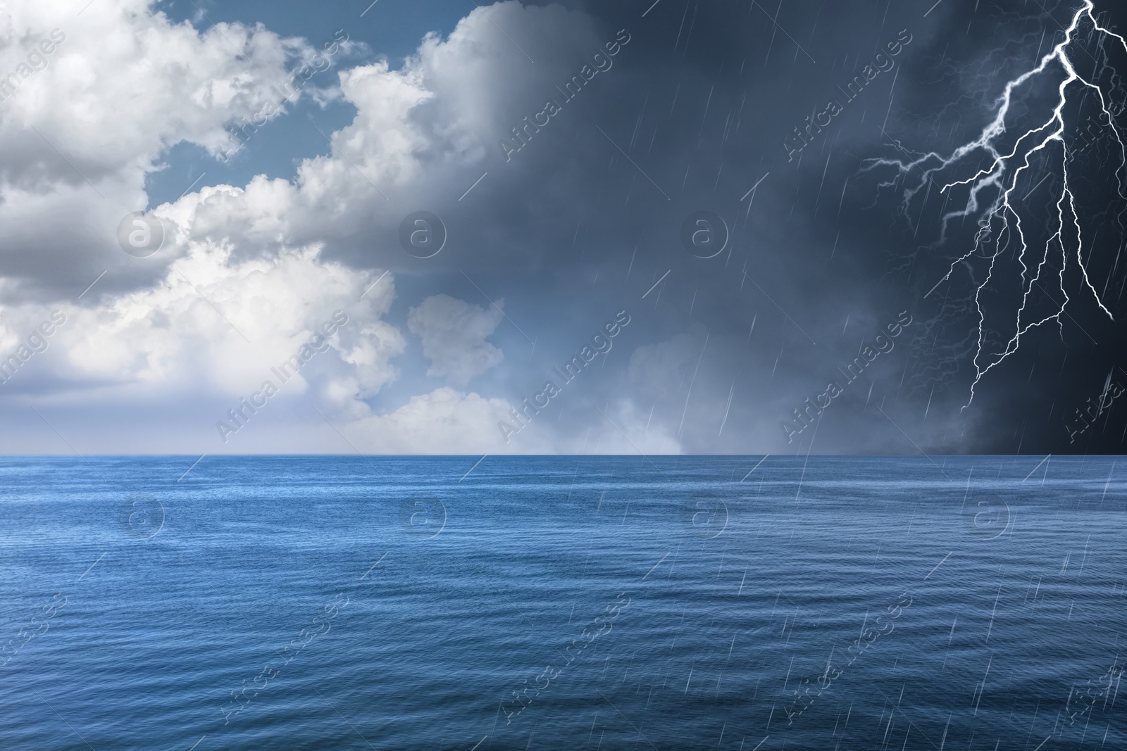 Image of Blue sky with coming thundercloud over sea. Weather changes