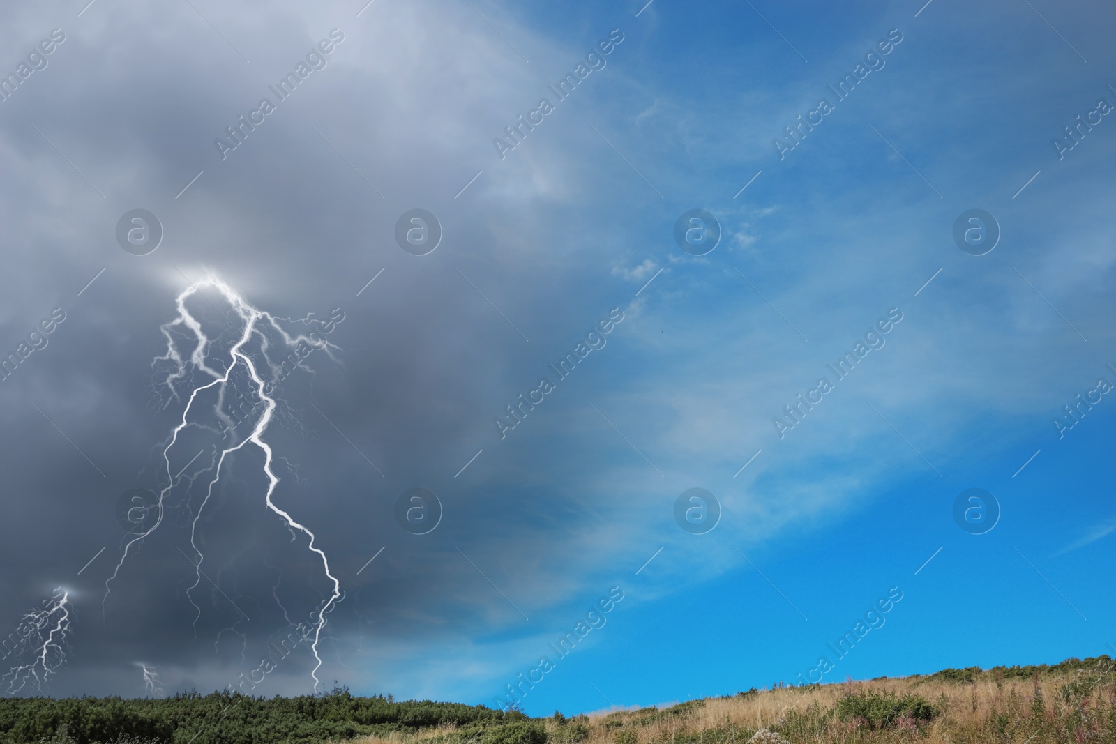 Image of Blue sky with coming thundercloud. Weather changes