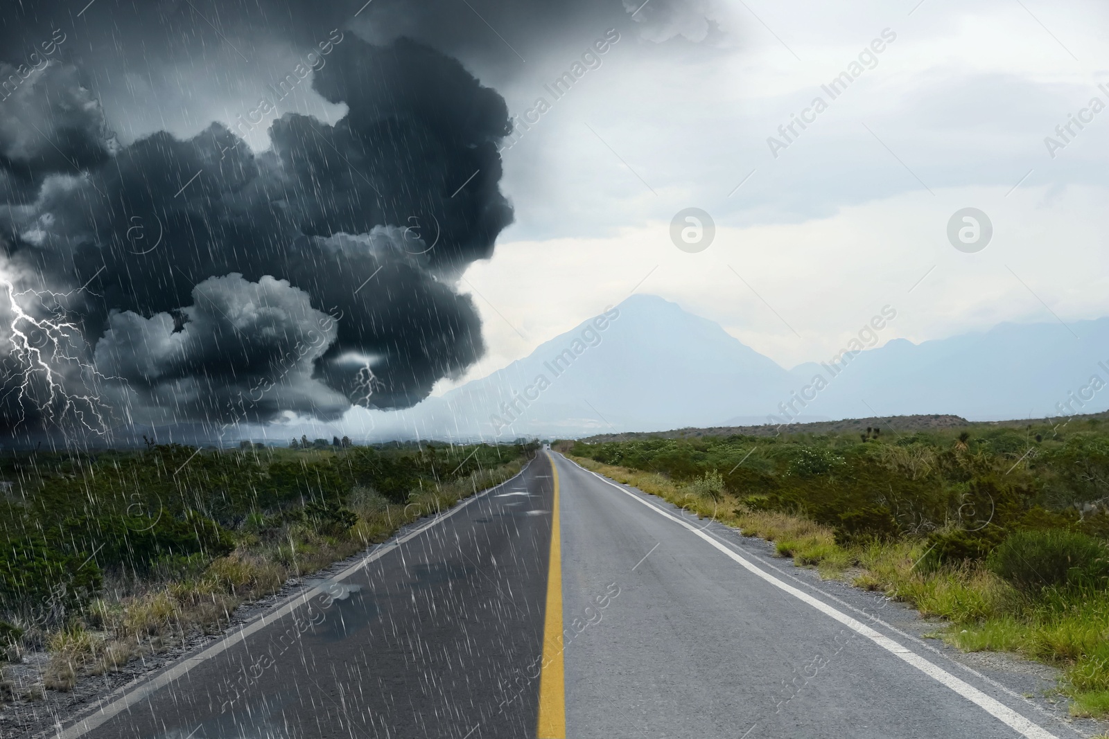 Image of Collage with landscape on cloudy day on one side and during downpour on other. Weather changes