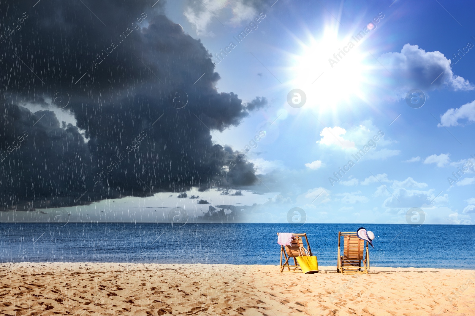 Image of Sea beach under pouring rain and on sunny day, collage. Weather changes