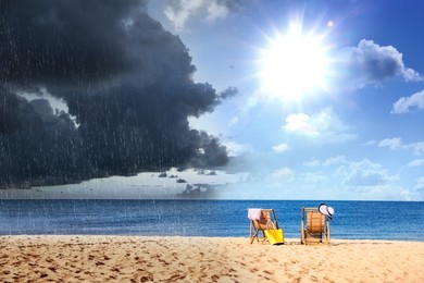 Sea beach under pouring rain and on sunny day, collage. Weather changes