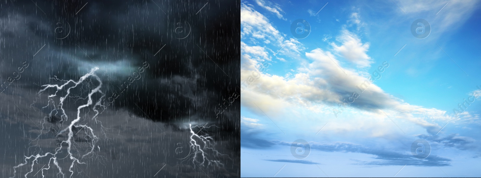 Image of Collage with sky on sunny day and during thunderstorm. Weather changes