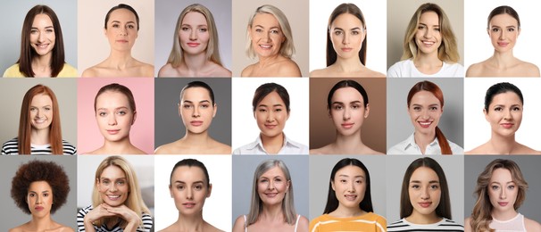 Many beautiful women of different races and ages. Collage of portraits