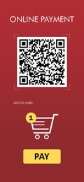 Online payment application screen showing QR code, shopping card and Pay button on red background, illustration