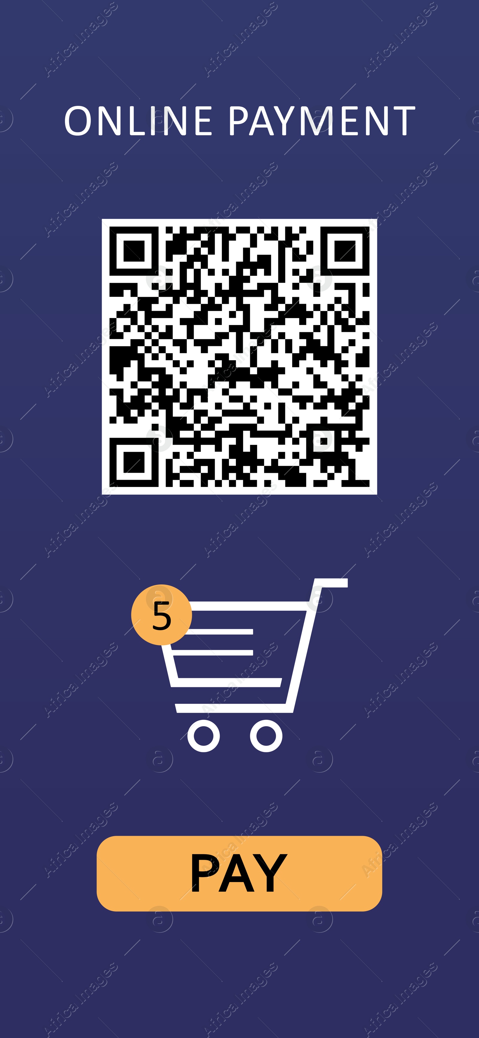 Image of Online payment application screen showing QR code, shopping card and Pay button on blue background, illustration